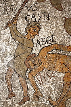 Mosaic on the floor of the central nave of Cain killing Abel, Otranto duomo (cathedral), Otranto, Lecce, Apulia, Italy, Europe