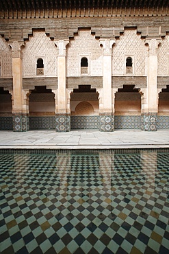 Columned arcades in the central courtyard of the Ben Youssef Medersa, the largest Medersa in Morocco, originally a religious school founded under Abou el Hassan, UNESCO World Heritage Site, Marrakech, Morocco, North Africa, Africa