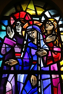 Station of the Cross, stained glass in Sainte Therese Basilica, Lisieux, Calvados, Normandy, France, Europe