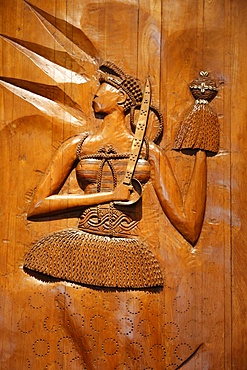 Carved wooden relief depicting Candomble (Afro-Brazilian religion) orisha (divinity figure) Ewa by artist Carybe in the Afro-Brazilian Museum, Salvador, Bahia, Brazil, South America