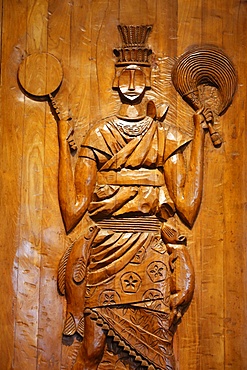 Carved wooden relief depicting Candomble (Afro-Brazilian religion) orisha (divinity figure) Logun Ede by artist Carybe in the Afro-Brazilian museum, Salvador, Bahia