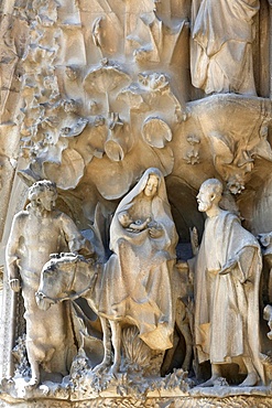 The Flight to Egypt on the Nativity Facade by Antoni Gaudi, Sagrada Familia basilica, UNESCO World Heritage Site, Barcelona, Catalonia, Spain, Europe