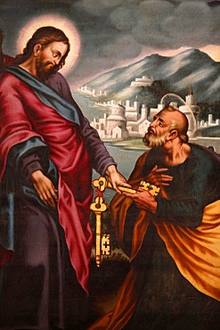 Jesus giving keys to St. Peter, painting in Palma Cathedral, Palma, Majorca, Balearic Islands, Spain, Europe