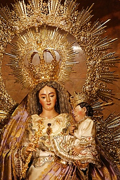 Crowned Virgin and Child statue in Nuestra Senora de la Esperanza church, La Macarena, Seville, Andalucia, Spain, Europe