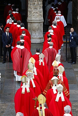 Procession entering Notre-Dame de Paris Cathedral, Paris, France, Europe