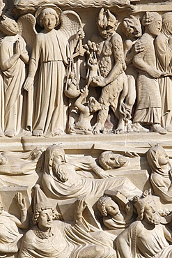 St. Michael weighing the souls and Resurrection of the Dead, Portal of the Last Judgement, Western facade, Notre Dame de Paris Cathedral, Paris, France, Europe