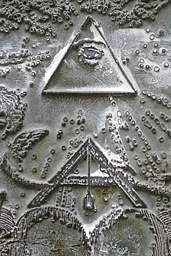 Masonic symbols of angle bracket and delta at the Human Right Monument in the Paris Champ de Mars, Paris, Ile de France, France, Europe