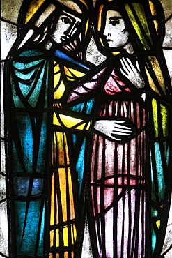 Stained-glass window of The Visitation, St. Petrus and St. Paulus Church, Knokke-Heist, Belgium, Europe