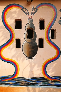 Painting showing Aihou Edo rainbow snakes, gods of the universe, on a Voodoo temple in Ouidah, Benin, West Africa, Africa