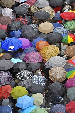 Pilgrims waiting in the rain for Pope Benedict XVI at Lourdes, Hautes Pyrenees, France, Europe