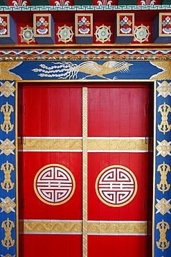 Pagoda door, Temple of the Thousand Buddhas, Dashang Kagyu Ling congregation, La Boulaye, Saone-et-Loire, Burgundy, France, Europe