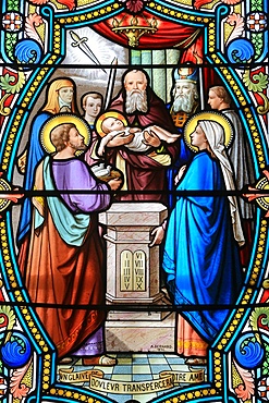 Stained glass window of Presentation of Jesus Christ at the Temple, Shrine of Our Lady of La Salette, La Salette-Fallavaux, Isere, France, Europe