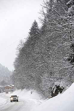 Road in the snow, Saint-Gervais les Bains, Haute-Savoie, French Alps, France, Europe