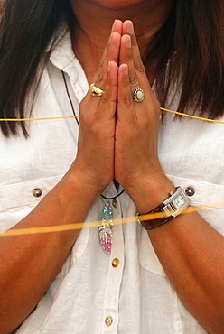 Sai-Sin (sacred thread) in use at a temple ceremony, International Buddhist Center of Geneva, Geneva, Switzerland, Europe