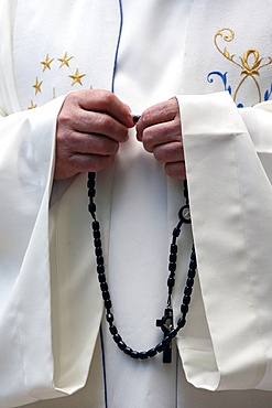 Hand-carved Roman Catholic rosary beads, priest praying The Mystery of the Holy Rosary, Haute Savoie, France, Europe