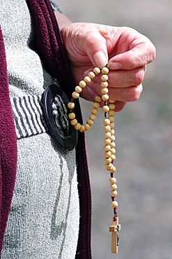 Hand-carved Roman Catholic rosary beads, woman praying The Mystery of the Holy Rosary, Haute Savoie, France, Europe