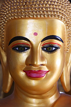 Close-up of a pink-lipped Buddha statue, Battambang, Cambodia, Indochina, Southeast Asia, Asia