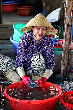 Woman sorting through fresh catch of fish, Vung Tau fish market, Vung Tau, Vietnam, Indochina, Southeast Asia, Asia