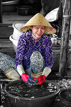 Woman sorting through fresh catch of fish, Vung Tau fish market, Vung Tau, Vietnam, Indochina, Southeast Asia, Asia