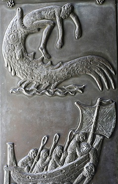 Sculpture of Jonah and the Whale on the door of the Annunciation Basilica, Nazareth, Galilee, Israel, Middle East