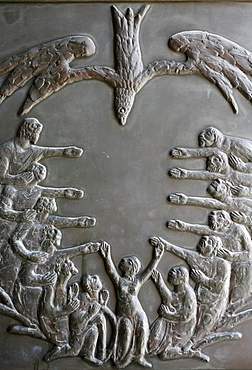 Sculpture depicting Pentecost on the door of the Annunciation Basilica, Nazareth, Galilee, Israel, Middle East