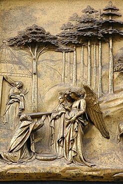 The Maggi appearing to Abraham, Gates of Paradise, bronze doors of the Baptistry of San Giovanni, Florence, Tuscany, Italy, Europe