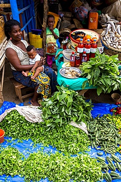 Woman selling vegetables at Kpalime market, Togo, West Africa, Africa