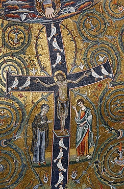 A 12th century fresco of Christ's triumph on the cross, San Clemente Basilica, Rome, Lazio, Italy, Europe