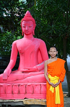 Pink Buddha and young monk at Wat Sene temple, Luang Prabang, Laos, Indochina, Southeast Asia, Asia