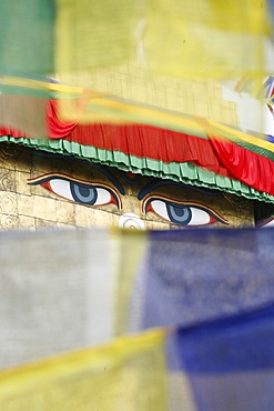 The Eyes of Buddha on the exterior of Bodhnath Stupa, UNESCO World Heritage Site, Kathmandu, Nepal, Asia