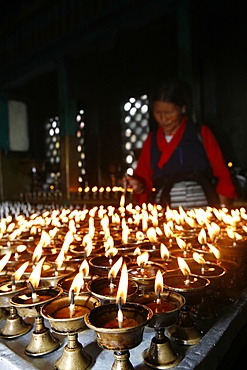 Butter lamps, Swayambhunath temple, Kathmandu, Nepal, Asia