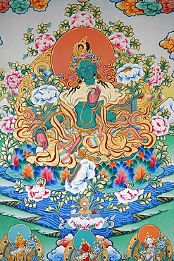 Painting of Green Tara, Buddhist symbol of prosperity, Kopan monastery, Kathmandu, Nepal, Asia