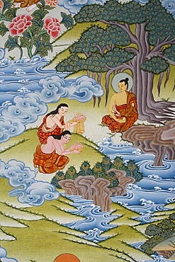 Thangka painting of Sujata giving milk rice to Buddha, Bhaktapur, Nepal, Asia