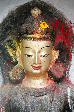 Close-up of statue of the Buddha in Swayambhunath Temple, Kathmandu, Nepal, Asia