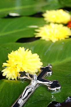 Crucifix and flowers, Kathmandu, Nepal, Asia