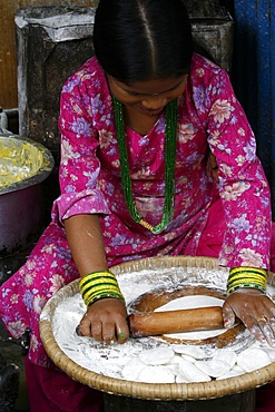 Woman making chapati, Dakshin Kali, Nepal, Asia