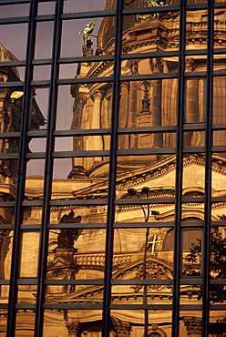 Reflection of Berlin Cathedral in the Volkskammer in Berlin, Germany, Europe