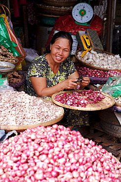 Stall holder selling garlic at the Dong Ba Market, Hue, Vietnam, Indochina, Southeast Asia, Asia