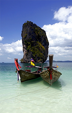 Long tailed taxis on the Hat Tham Phra Nang beach, in the Gulf of Krabi, Thailand, Southeast Asia, Asia