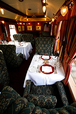 The cosy dining car of the Royal Scotsman train, Scotland, United Kingdom, Europe