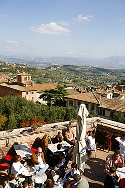 The Umbrian countryside seen from the terrace of a restaurant in Perugia, Umbria, Italy, Europe