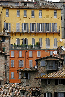 Facades and frontages seen from the terrace of the small market, Perugia, Umbria, Italy, Europe