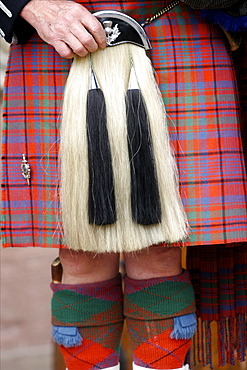 Detail of the traditional dress of a bagpipe player, Highlands, Scotland, United Kingdom, Europe