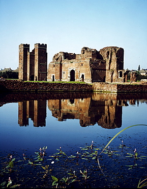 Reflection of castle ruins in the moat, Kirby Muxloe Castle, Leicestershire, England, United Kingdom, Europe