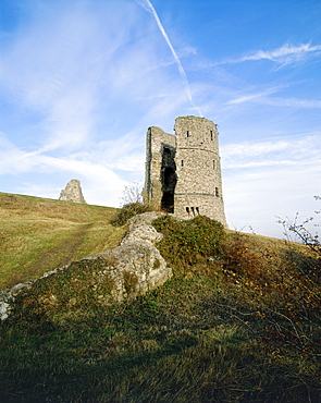 View looking towards one of the circular towers, Hadleigh Castle, Essex, England, United Kingdom, Europe