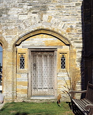 View of the doorway on the east side of the Abbot's Lodging, Muchelney Abbey, Somerset, England, United Kingdom, Europe



