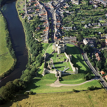 Aerial view, Warkworth Castle, Northumberland, England, United Kingdom, Europe



