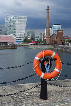 View of the renovated Albert Docks with a view towards the city, Liverpool, Merseyside, England, United Kingdom, Europe