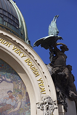 Mosaic detail with inscription and statue, Municipal House, Old Town, Prague, Czech Republic, Europe