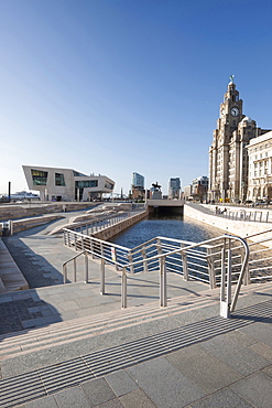 The Liver Building and new Ferry Terminal Building, a new branch of the Beatles Story Museum at the The Canal Link, Pier Head, Liverpool, Merseyside, England, United Kingdom, Europe